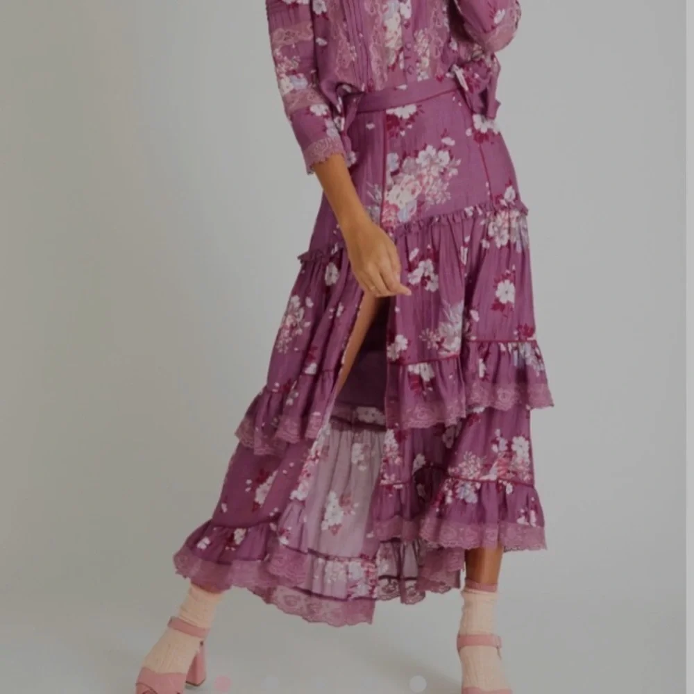 Loveshackfancy Florita High Low Maxi Skirt Merlot Dusk Floral Purple Size 10 LC1